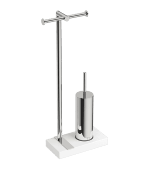 Stainless steel toilet brush holder and stand with modern design for bathroom cleaning accessories.
