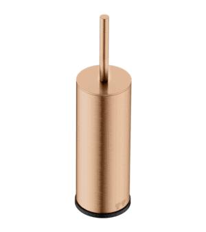 Shiny rose gold toilet brush holder for bathroom decor and cleaning accessories.