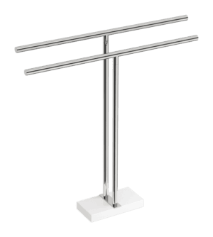 Polished stainless steel double towel rail stand with a white base, ideal for modern bathrooms and towel storage solutions in South Africa.