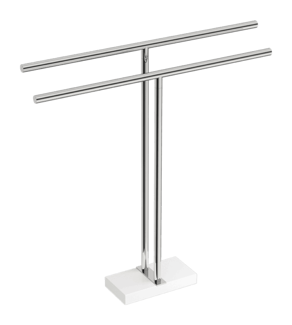 BAAC9185POLS.png Polished stainless steel double towel rail stand with a white base, ideal for modern bathrooms and towel storage solutions in South Africa.