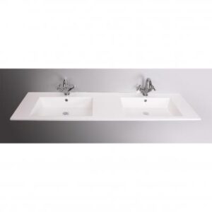Double white bathroom sinks with chrome faucets on a white countertop, ideal for modern bathroom designs in South Africa.