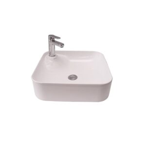 Modern white bathroom sink with chrome tap, ideal for contemporary bathrooms in South Africa.