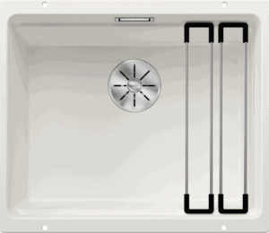 Rectangular kitchen or laundry sink with dual drop-in taps and a stainless steel drain strainer, ideal for modern bathroom or utility spaces - available at Bathroom Store.