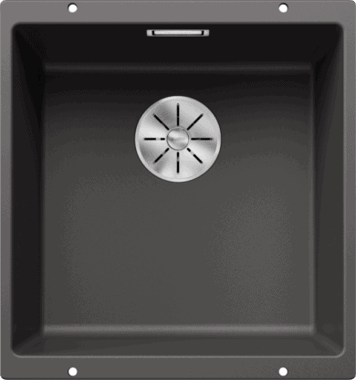 Black kitchen sink with stainless steel drain cover, perfect for modern bathrooms and kitchens.