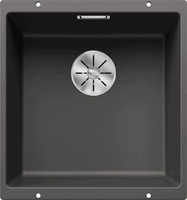 Black kitchen sink with stainless steel drain cover, perfect for modern bathrooms and kitchens.