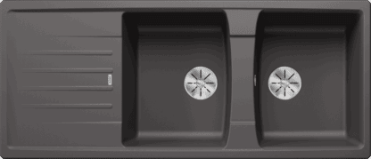 Stainless steel kitchen sink with double basins and drainboard, ideal for modern kitchen renovations and home improvement projects.