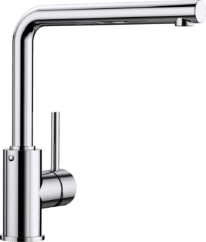 Brushed nickel kitchen faucet with modern, sleek design for contemporary bathroom or kitchen renovations.
