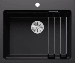Sblack kitchen sink with integrated draining area and stainless steel strainer, ideal for modern bathrooms and kitchens in South Africa.