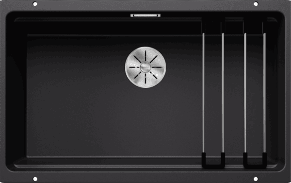 Stainless steel kitchen sink with drain and integrated grooves for utensils or soap, modern black design, durable and functional for home kitchens, available at Bathroom Store.