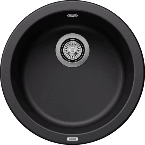 Stainless steel kitchen sink with black finish, round design, drop-in installation, durable and modern, perfect for contemporary South African kitchens.