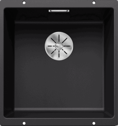 Stone composite kitchen sink with a modern matte black finish and stainless steel drain cover, perfect for contemporary kitchen renovation.