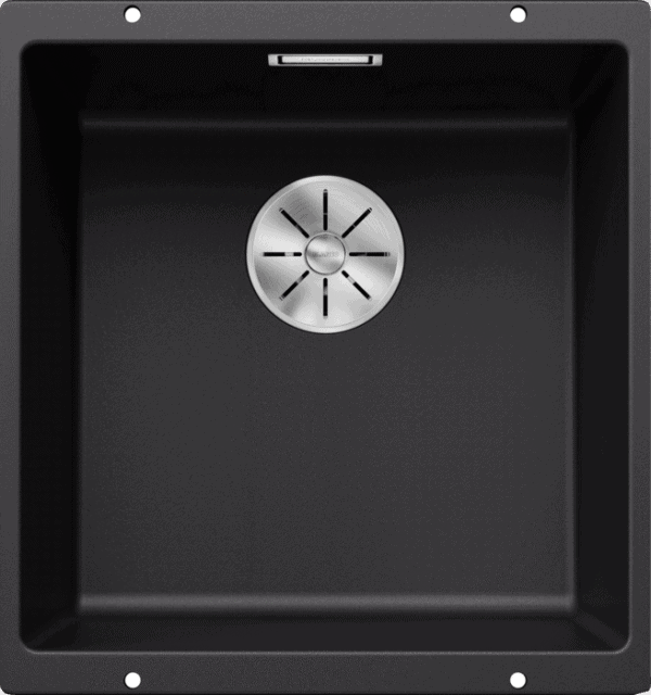 Stone composite kitchen sink with a modern matte black finish and stainless steel drain cover, perfect for contemporary kitchen renovation.