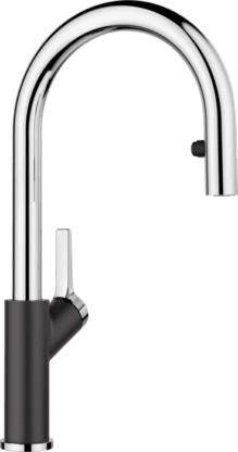 Sleek modern kitchen mixer tap with black and stainless steel finish for contemporary bathroom or kitchen design.