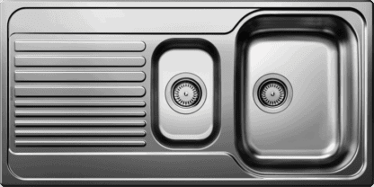 Stainless steel kitchen sink with two basins and drainer, ideal for modern home kitchens in South Africa.