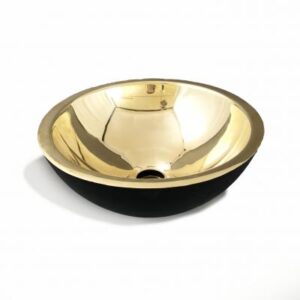 Elegant gold and black ceramic bathroom basin for modern and luxurious bathroom decor. Perfect for contemporary bathroom designs and high-end renovations.