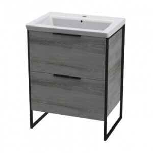 Modern bathroom vanity with integrated sink and sleek grey wood finish, ideal for contemporary bathroom designs.