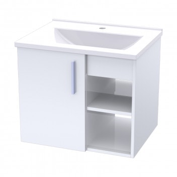 Modern white bathroom vanity with sink and storage shelves, ideal for bathroom renovations and fittings in South Africa.