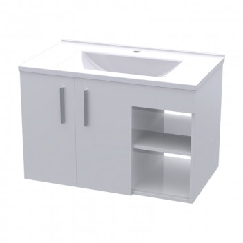 Sleek white bathroom vanity with storage shelves, perfect for modern bathrooms in South Africa.