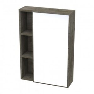 Mirror with wooden shelving unit, modern bathroom storage solution, perfect for bathroom decor, vanity organization, and space saving.