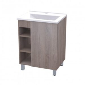 Modern wooden bathroom vanity with open shelves, ideal for stylish bathroom storage and decor in South Africa.