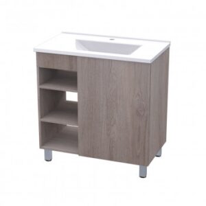 Modern bathroom vanity with open shelving and integrated sink, ideal for stylish bathroom renovations in South Africa.