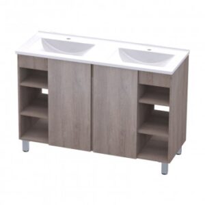 Double bathroom vanity unit with twin basins, wood finish, and open shelving, ideal for stylish bathroom storage and dual-use.