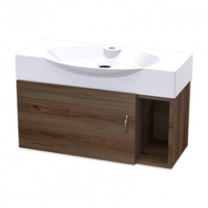 Modern bathroom vanity with a white ceramic sink and wooden storage cabinet, perfect for contemporary bathrooms. Sturdy design with ample storage space for bathroom essentials.