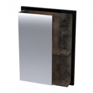 Modern bathroom mirror with integrated storage and sleek dark finish, ideal for contemporary bathroom decor. Perfect for space-saving bathroom solutions and stylish interiors.