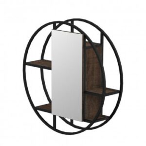 Round industrial-style wall mirror with black metal frame and wooden shelves, perfect for modern bathroom and bedroom decor.