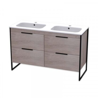 Double basin bathroom vanity with wood finish and black handles, modern bathroom furniture for stylish home decor.