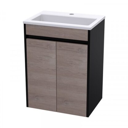 Modern bathroom vanity with wood finish and black accents, ideal for contemporary bathroom interiors. Durable practical design with sink included.