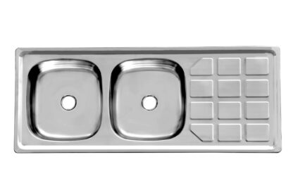 Stainless steel double kitchen sink with integrated drainer for modern bathrooms and kitchens in South Africa.
