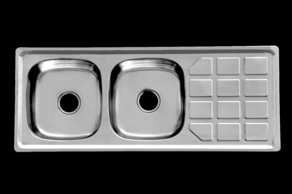 DC1248CSDEB.jpeg Stainless steel double kitchen sink with built-in drainboard, modern design, durable material, perfect for contemporary bathrooms and kitchens in South Africa.