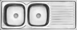Double stainless steel kitchen sink with draining board, modern and durable design for kitchen renovations.