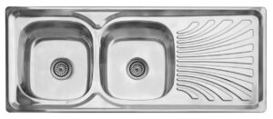 Stainless steel double kitchen sink with drainboard, ideal for modern bathrooms and kitchens. Durable, easy to clean, and perfect for stylish, functional kitchen renovation projects.