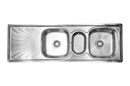 Stainless steel kitchen sink with double basins and draining area in a sleek modern design.