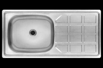 Stainless steel kitchen sink with drainboard, modern design for kitchen or laundry room. Durable and easy to clean, ideal for residential or commercial use.