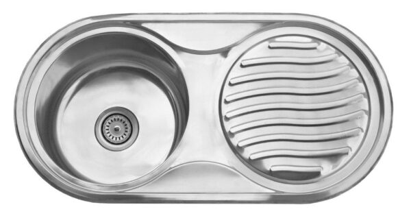Stainless steel kitchen sink with double basin and draining board, ideal for modern bathrooms and kitchens. Durable and easy to clean, perfect for home renovation or new installations.