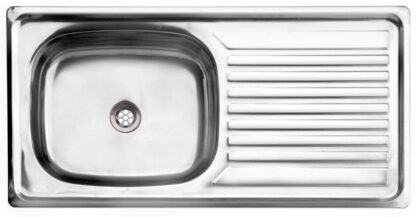 Stainless steel kitchen sink with drainer, ideal for modern bathrooms and kitchens in South Africa. Durable, easy to clean, and stylish.