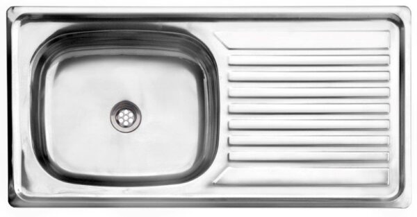 DC9151.jpeg Stainless steel kitchen sink with drainer, ideal for modern bathrooms and kitchens in South Africa. Durable, easy to clean, and stylish.
