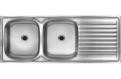 Stainless steel double kitchen sink with drainer, modern durable design for home and commercial kitchens.