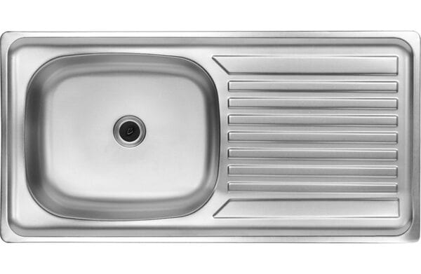 Stainless steel kitchen sink with draining board, modern and durable design for seamless kitchen functionality.