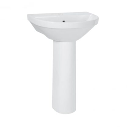 Modern white ceramic pedestal washbasin, ideal for contemporary bathroom designs, offering durability and sleek style. Perfect for small bathrooms or en-suites.