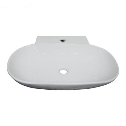 Modern white ceramic bathroom sink with an integrated countertop and stylish oval shape, ideal for contemporary bathroom designs.