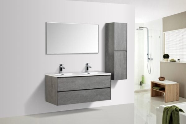 Contemporary grey bathroom vanity with dual sinks and sleek fixtures, modern wall-mounted mirror, and minimalist storage solutions in bright, airy bathroom setting.
