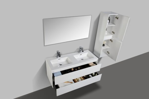 Double bathroom vanity with two sinks and storage drawers, modern bathroom cabinet with mirror, ideal for stylish bathroom renovations or upgrades.