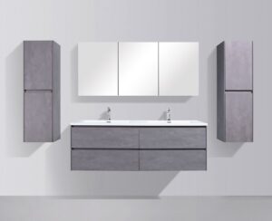 Modern grey bathroom vanity with mirror, wall cabinets, and double sink for stylish bathroom upgrades in South Africa.