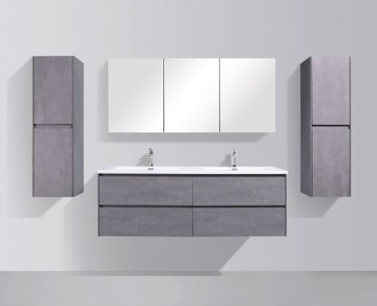 Modern grey bathroom vanity with mirror, wall cabinets, and double sink for stylish bathroom upgrades in South Africa.