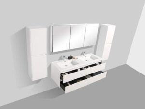 Elegant white double vanity bathroom cabinet with large mirrors and ample storage, perfect for modern bathroom renovations and storage solutions.