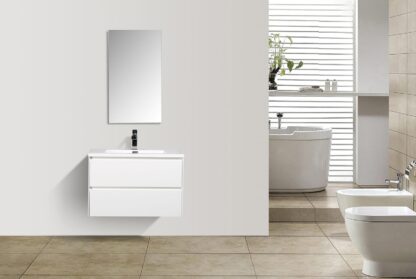Minimalist white bathroom vanity with integrated sink and mirror, modern design ideal for contemporary bathroom decor, durable and stylish fixtures from Bathroom Store South Africa.